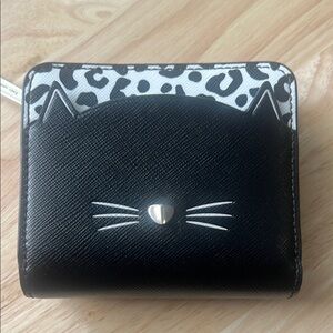 New Kate Spade Black Kitty Coin Wallet with Leopard Accent